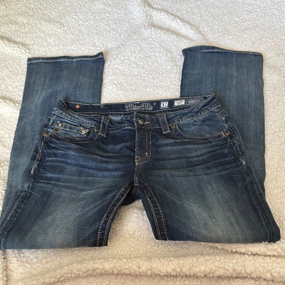 Y2K Miss Me Women's Low Rise Bootcut Blue Jeans with Embroidered Pockets - Picture 2 of 3